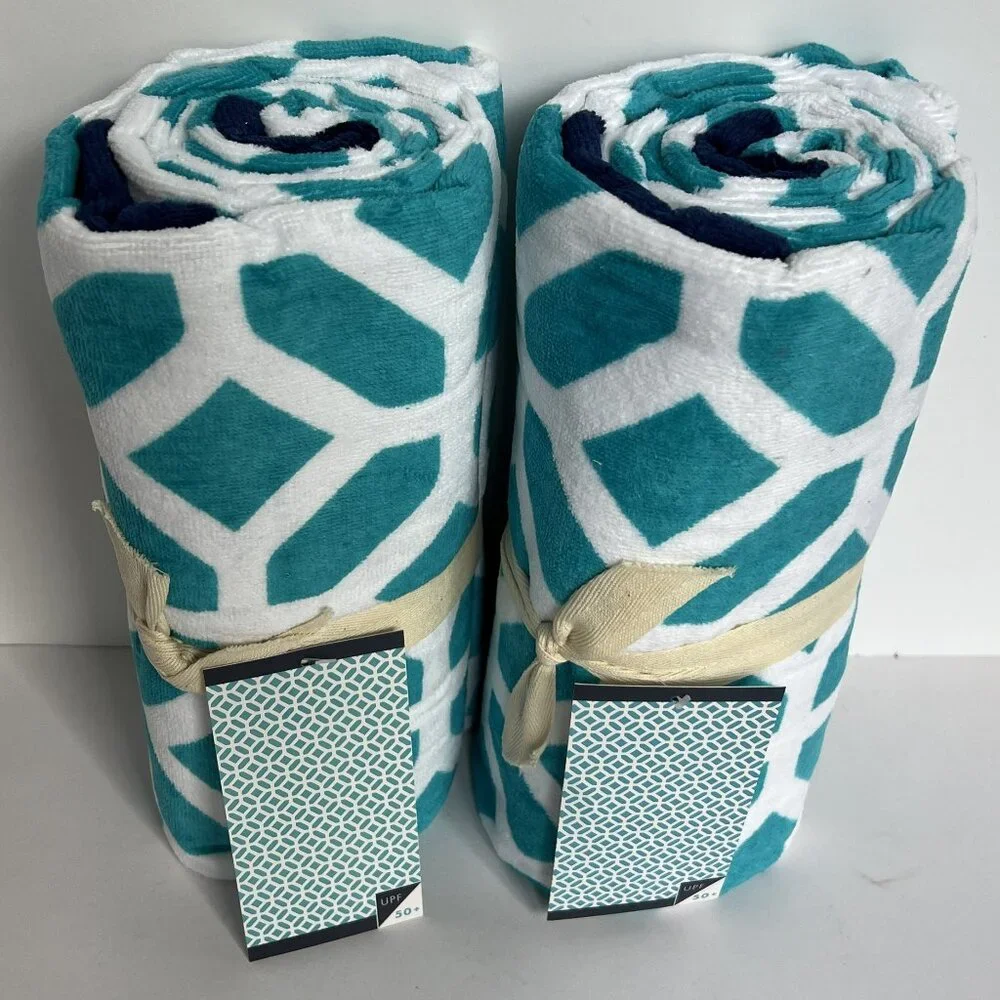 POTTERY BARN TEEN Set of 2 Peyton Beach Towels Teal/White/Navy NEW NWT PB TEEN